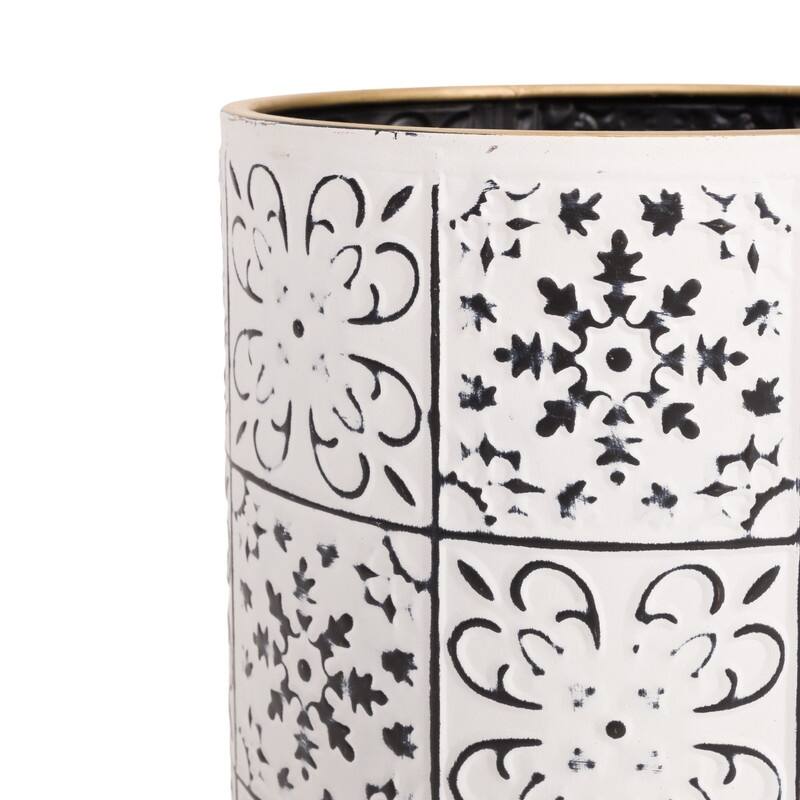 Tristan White & Black Indoor Metal Pot Planter With Kinsley Wood Base Set - 12"H x 10"W x 10"D
