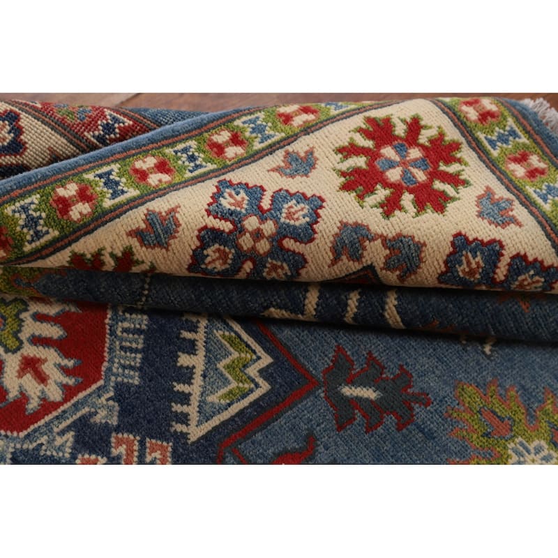 Blue Geometric Kazak Oriental Area Rug Handmade Oriental Wool Carpet - 4'11" x 6'9"