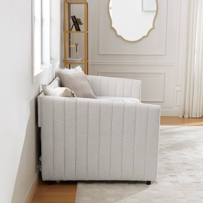 Twin/Full Size Daybed with Trundle, Upholstered Sofa Bed with Vertical Stripes, Linen Fabric, Comfortable Seating for Bedroom