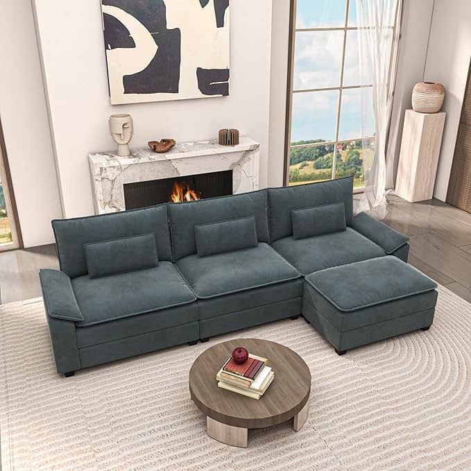 Kullavik Cloud Chenille L-Shaped Sofa, Modular Sectional Sofa with Ottoman, Throw Pillows and Double Layered Cushion