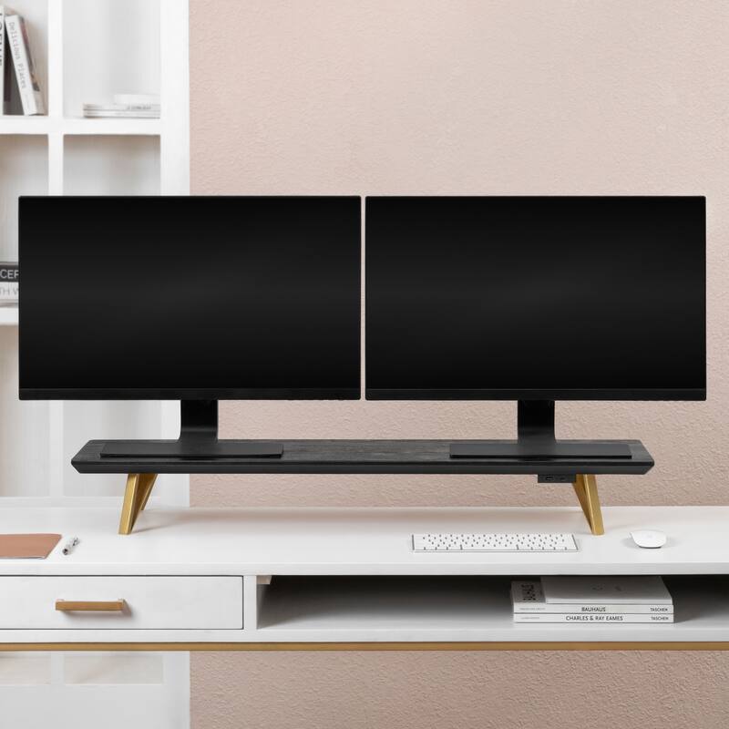 Jani Wood Monitor Stand Riser Desk - Ergonomic Design Stand, Desktop Organizer Table for Home, Office Workspace, Gaming Desk - Black
