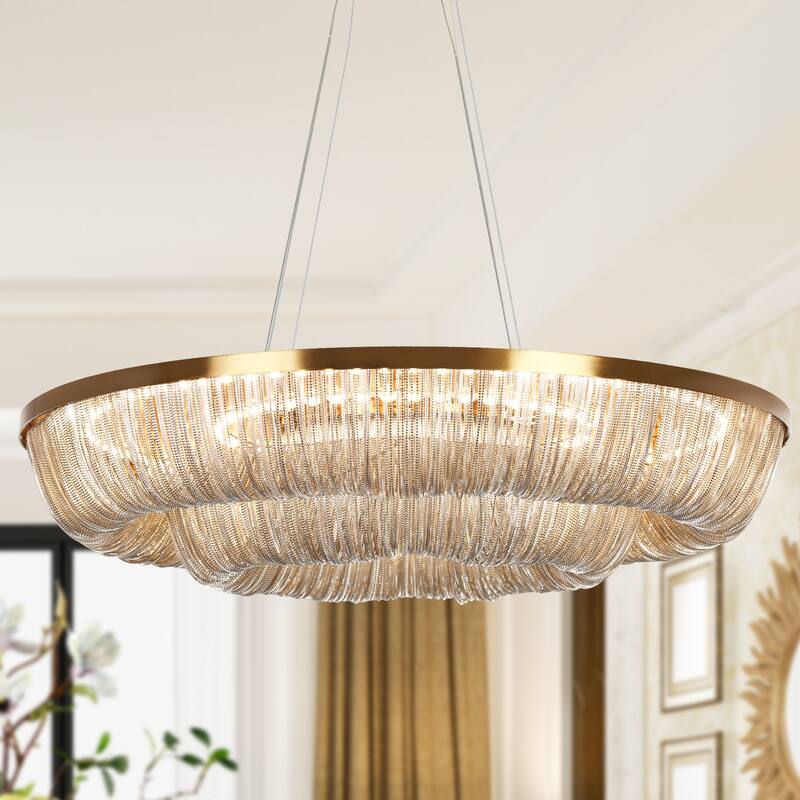 Modern LED 1-Light Fringe Wheel Chandeliers for Dining Room - Gold - 31.5" Dia. x 6.5" H