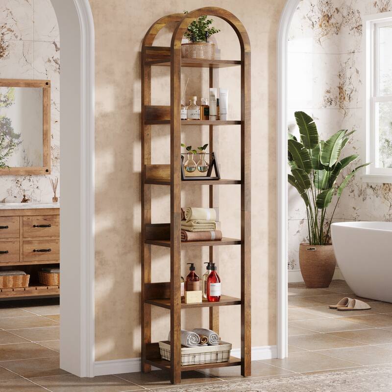 6-Tier Arched Tall Narrow Bookshelf Bookcase with Shelves for Small Space - Brown