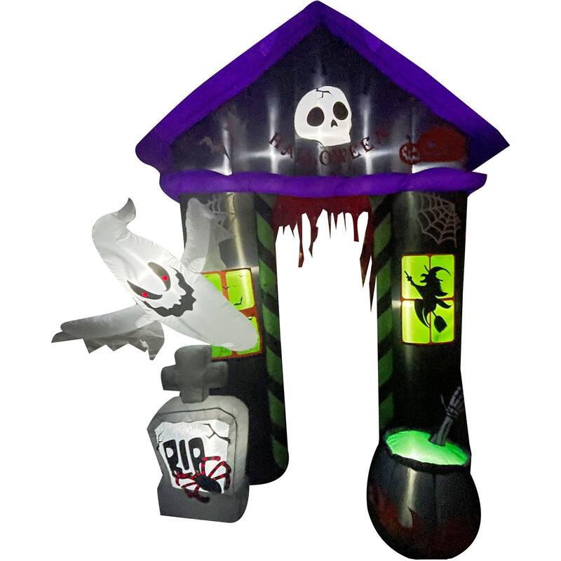 Haunted Hill Farm 9-ft. Prelit Inflatable Haunted House Arch with Ghost, Tombstone, and Cauldron