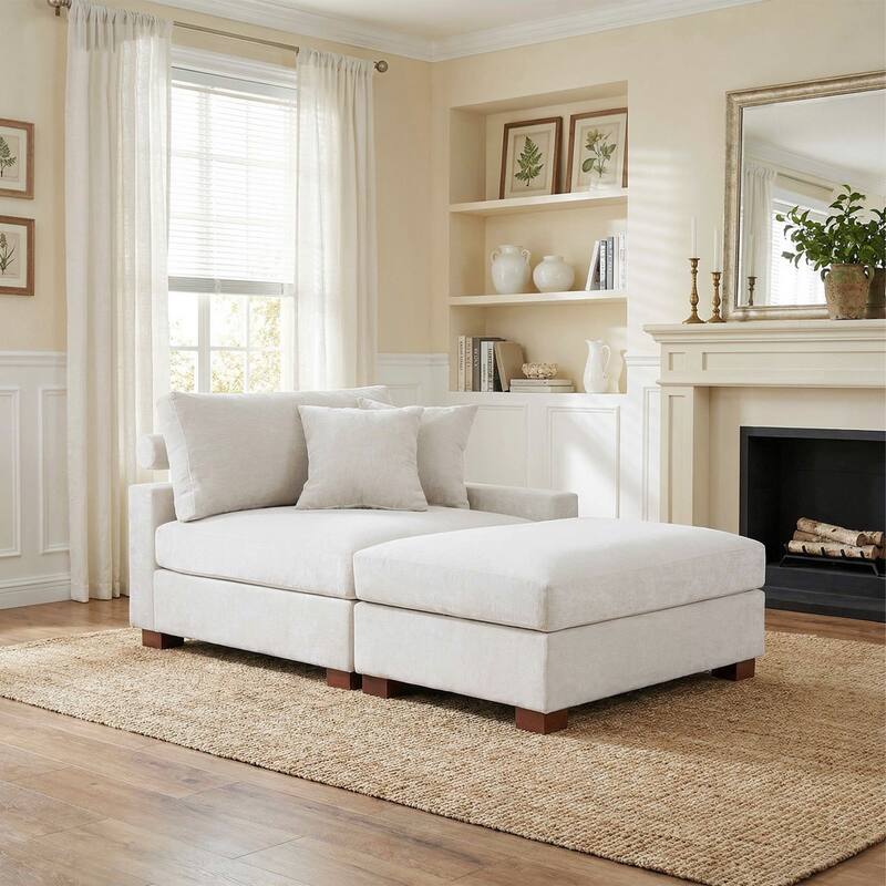 Plush Chenille Single Modular Sectional Sofa Chaise with Pillows - Off-White-Sofa+OT R - Right Facing
