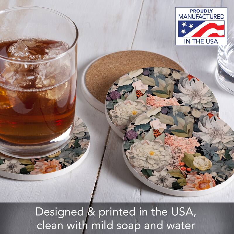 Enchanted Blooms 4 Pack Round Absorbent Stone Coasters with Protective Cork Backing Manufactured in The USA