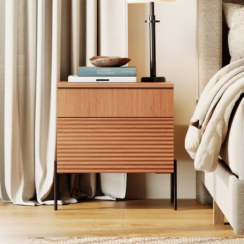 WAMPAT Fluted Nightstand with Charging Station,Modern Side Table with 2 Drawers - Mocha - 2-drawer