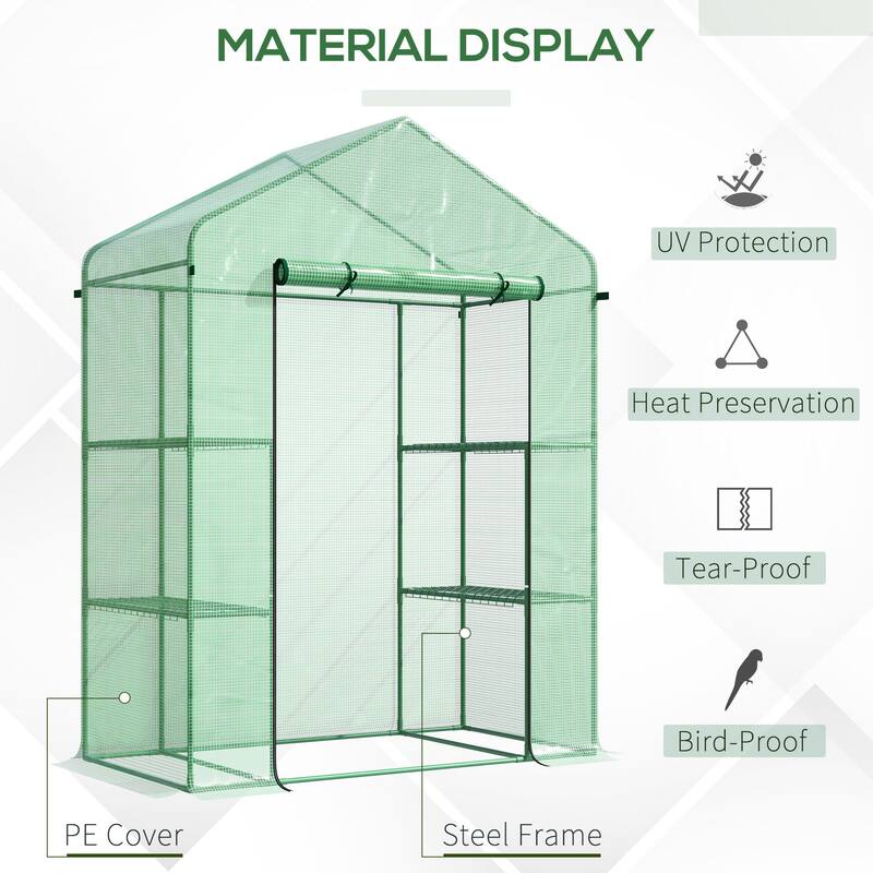 Outsunny 56" x 29" x 77" Mini Walk-in Greenhouse Kit, Portable Green House with 4 Shelves, Roll-Up Door