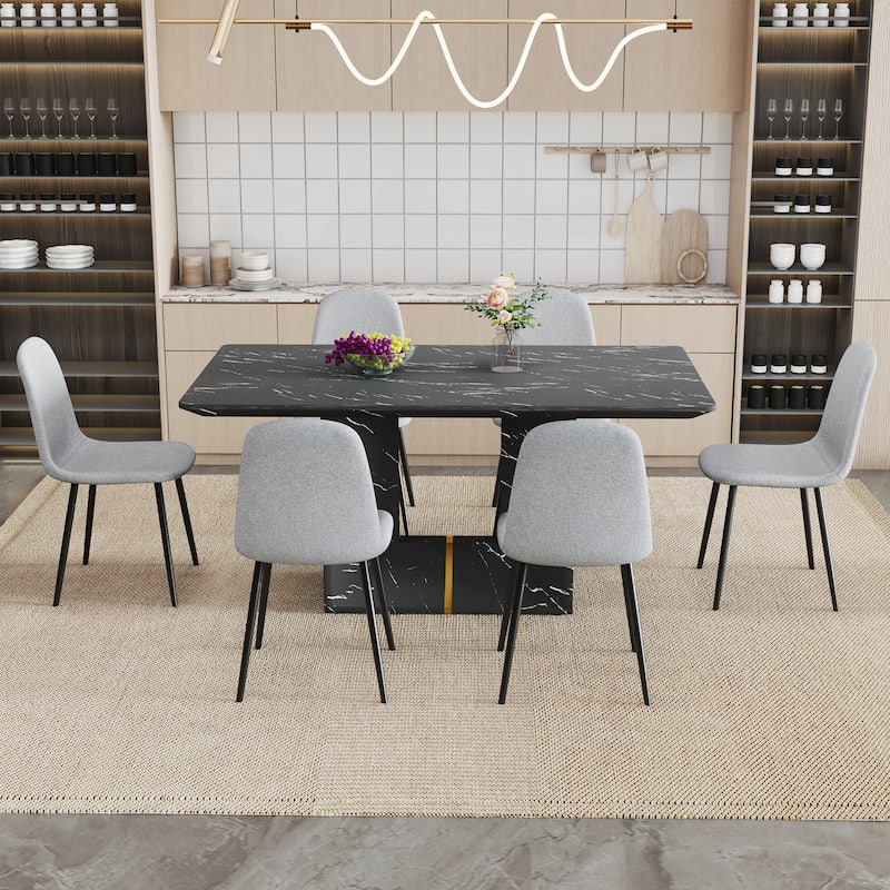 Roomfitters 7pcs Black Marble MDF Dining Table Set with Linen Cotton Chairs and Seamless Seat Design, Gray