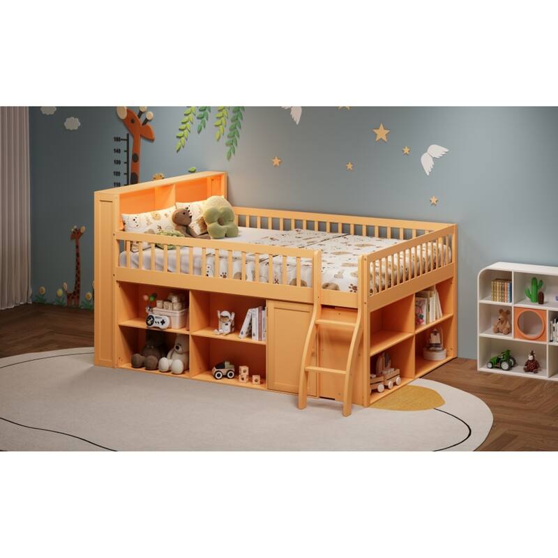 Roomfitters Full/Queen Loft Bed with Storage Shelves and LED Headboard