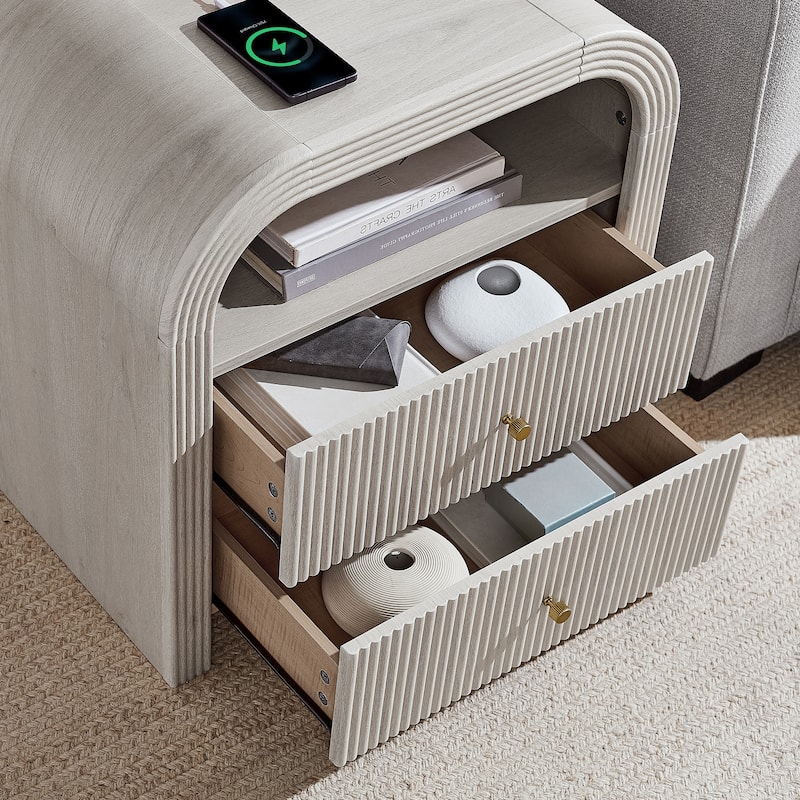 Modern Fluted Nightstand with Charging Station, Arched End Table
