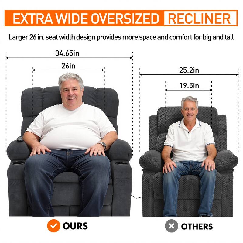 35" Wide Quiet Lift Velvet Recliner w/Massage and Heat