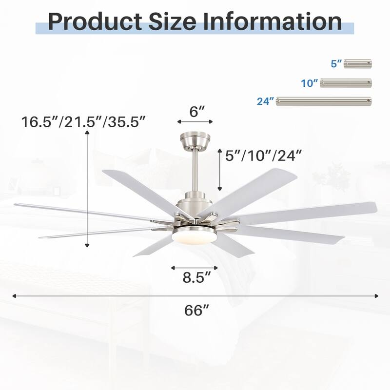 Sofucor 52"/66"/72"/76 Inch Modern Ceiling Fan with Dimmable LED Light ,Remote&APP Control,8 Blades for Large Living Room,Porch