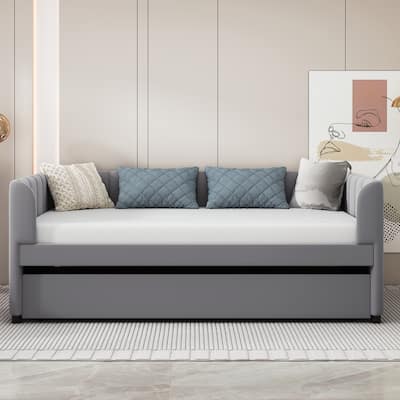 Velvet Upholstered Daybed with Stripe Shaped Backrest & 2 Armrests, Wood Panel Bed Frame with 2 Drawers or Trundle Bed