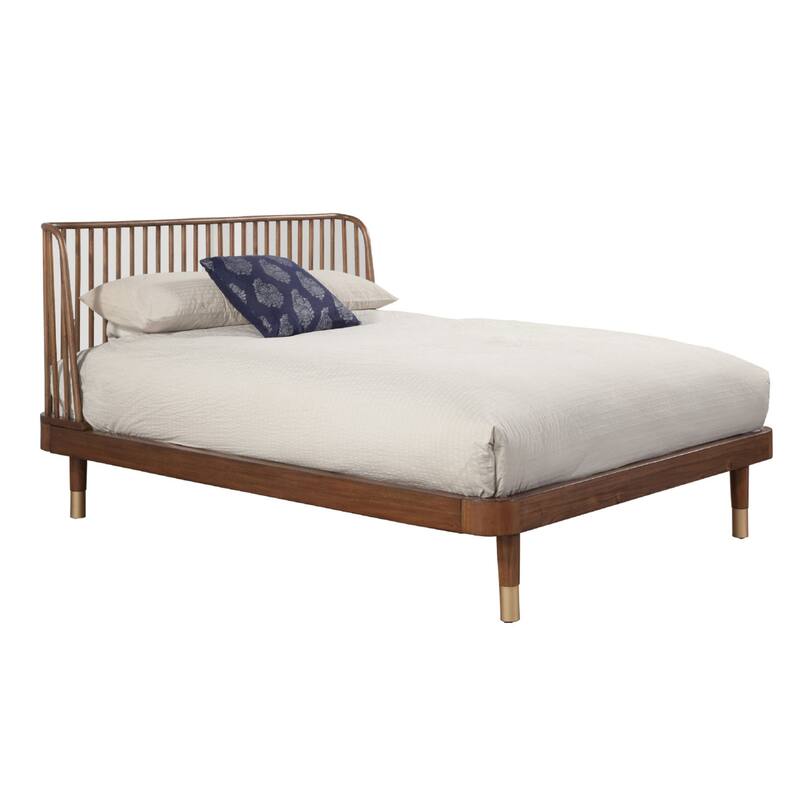 California King Platform Bed with Slat Back Rattan Headboard, Brown