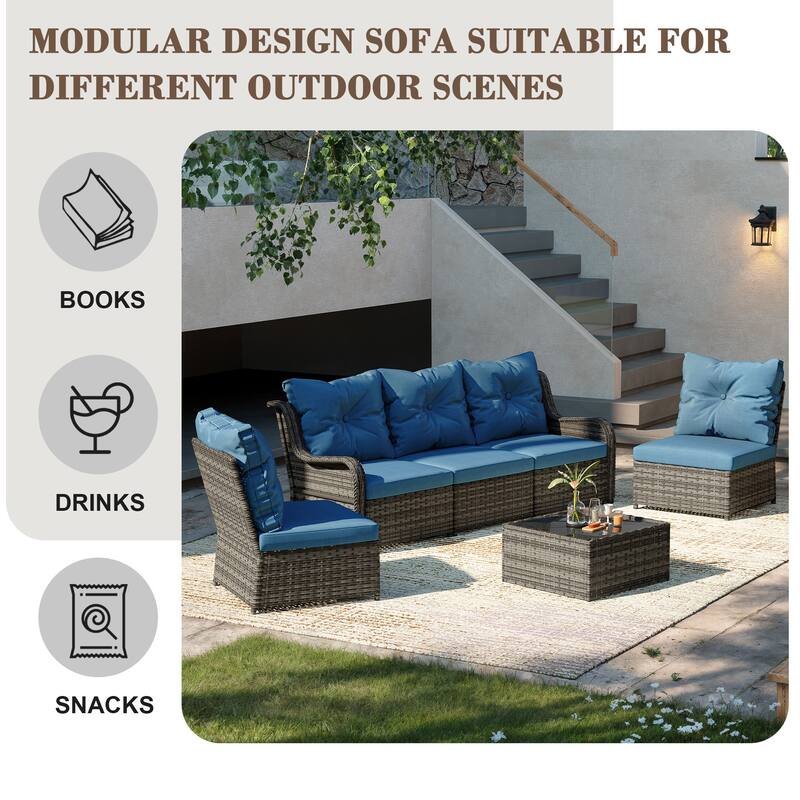 6-pieces Patio Wicker Outdoor Sectional Seating Sofa Set with Coffee Table