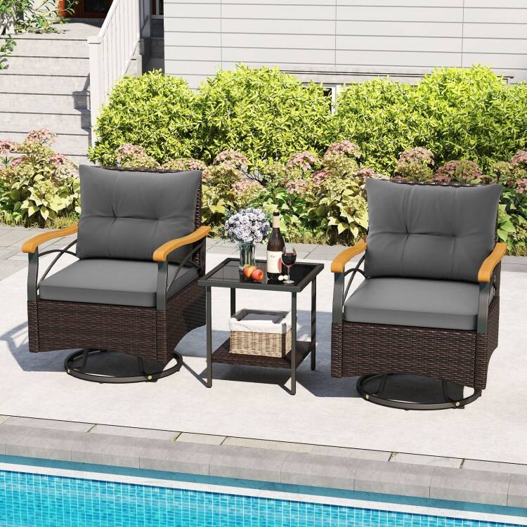 3 Piece Mix Brown Rattan Swivel Chairs Set with Cushions and Table - Chair: 27" x 25" x 33.5"