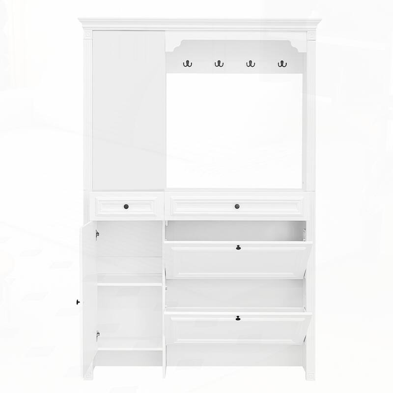 Hall Tree with Integrated Shoe Cabinet and Mirrored Cabinet Door