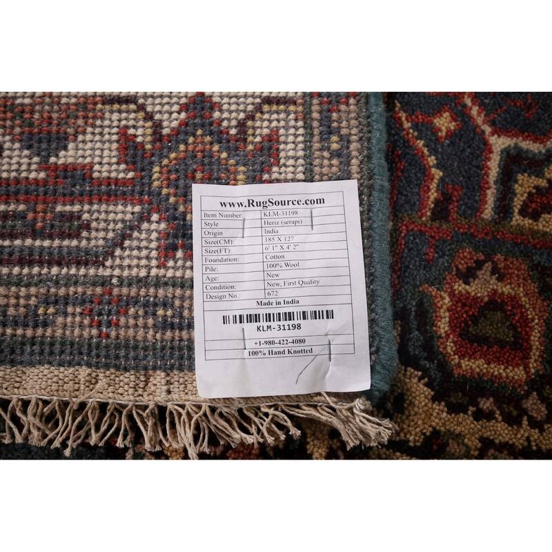 Blue Geometric Heriz Serapi Indian Area Rug Hand-Knotted Wool Carpet - 4'2"x 6'1"