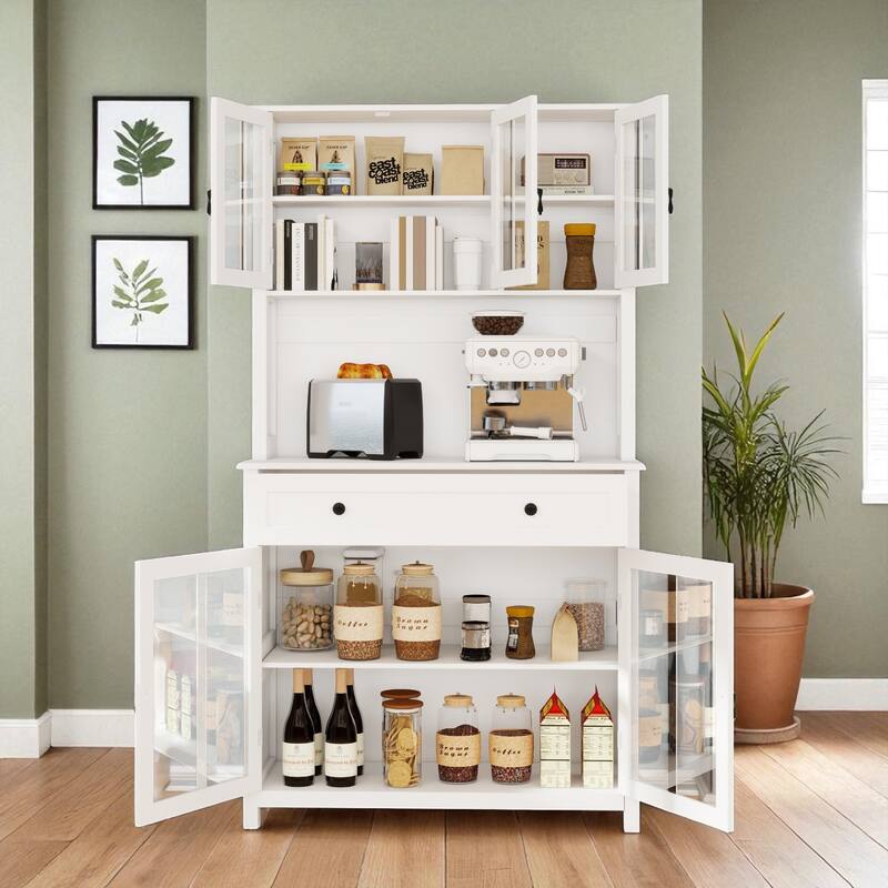 71" Freestanding Kitchen Pantry Cabinet with Microwave Shelf, Glass Doors, Adjustable Shelves, and Drawer