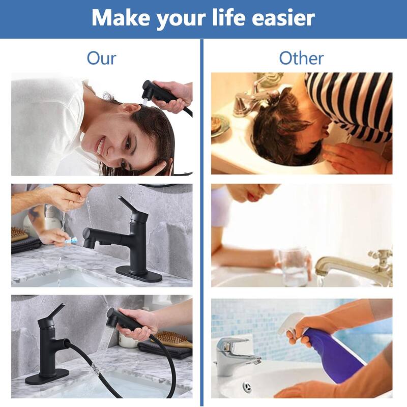 Bathroom Sink Faucet with Pull Out Sprayer, Single Handle Modern Bathroom Basin Faucet with Pop-up Sink Drain Stopper