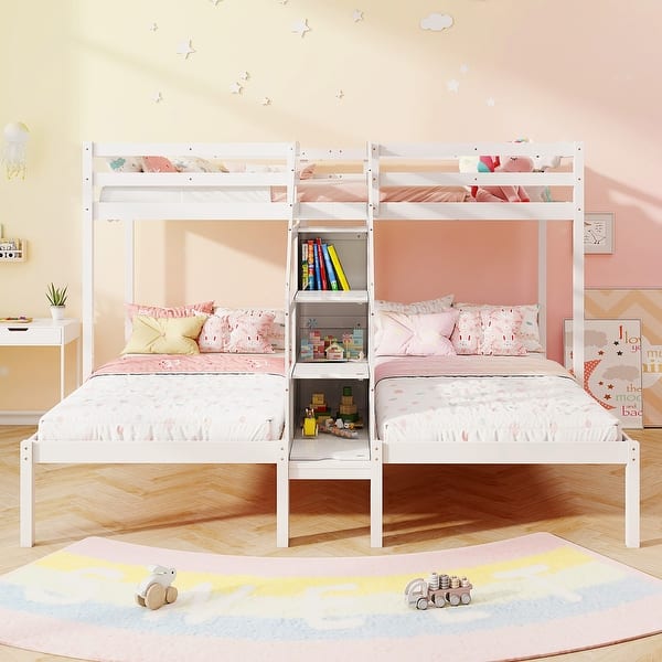 dimension image slide 0 of 2, Gymax Wooden Twin Over Twin & Twin Bunk Bed w/ 4-Step Storage