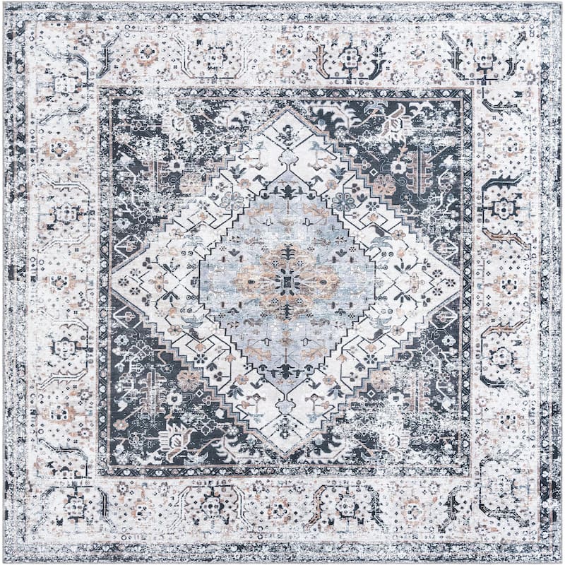 Traditional Tira Collection Area Rug - 7'10" Square - Linen-Charcoal