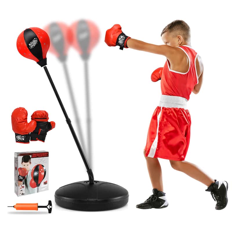 Costway Kids Punching Bag Toy Set Adjustable Stand Boxing Glove Speed - Red