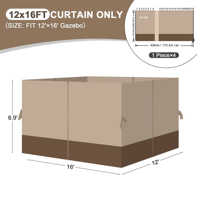 Aoodor 12x16 ft Outdoor Gazebo Curtains, 4 Panels Waterproof Privacy Sidewall Replacement with Zipper
