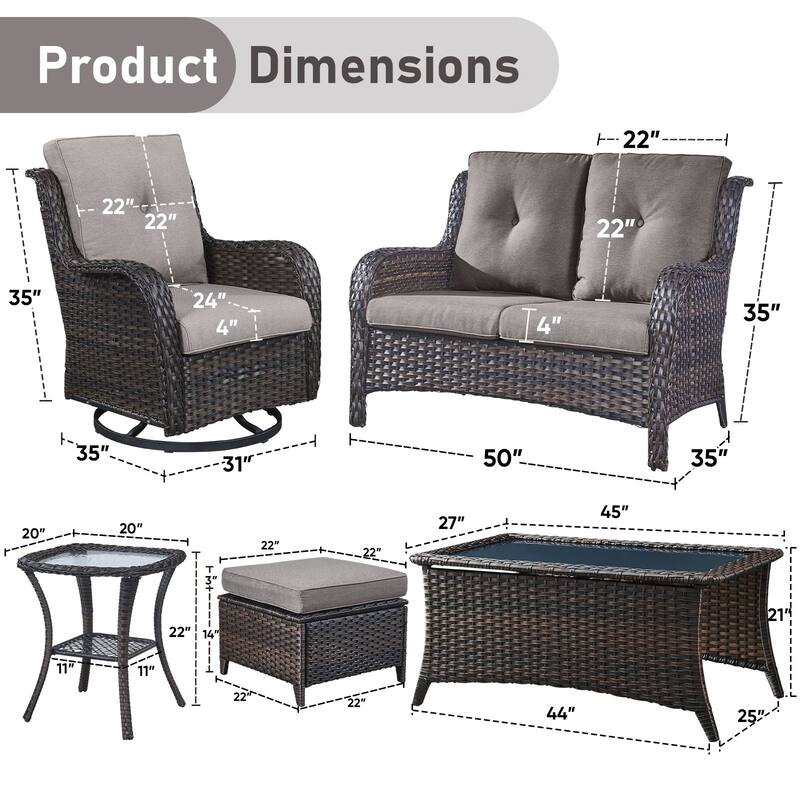 Pocassy Outdoor Sofa Swivel Chairs Table Ottoman 4 Inch Set
