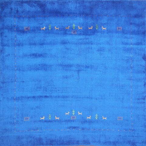 Tribal Blue Gabbeh Square Area Rug Hand-Knotted Silk Carpet - 4'10" x 5'2"