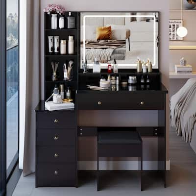 41"Large Size Left Bedside Cabinet Vanity Table+Cushioned Stool, Extra Large LED Mirror, Multi Layer High Capacity Dresser