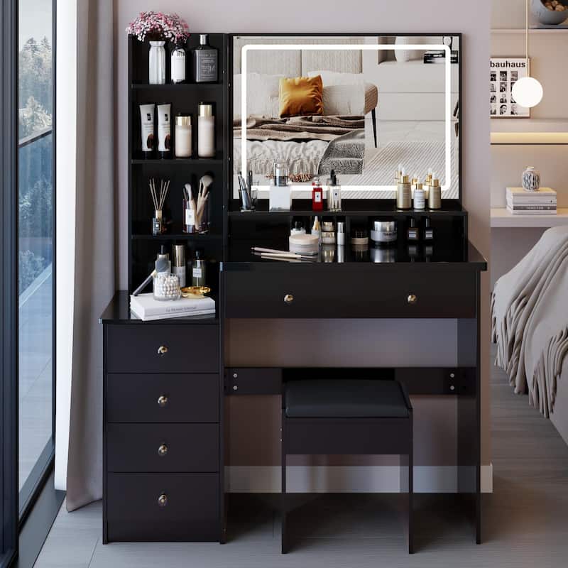 Vanity Table with 3-color Switch LED Mirror - Black