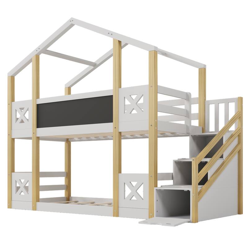 Twin Wood Bunk Bed with Blackboard, Storage Staircase, and Guardrails