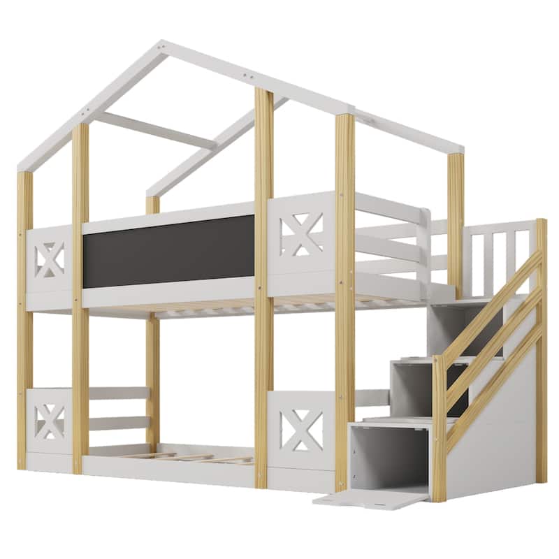 Twin over Twin House Bunk Bed with White Storage Staircase