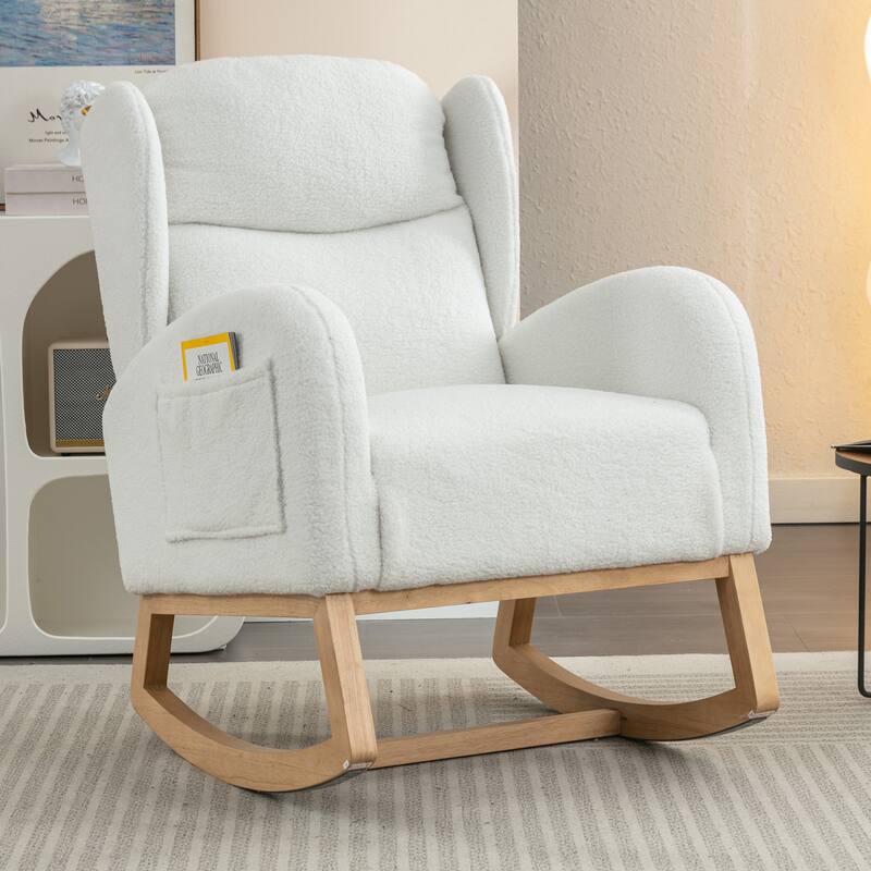Single Sofa Rocking Chair Ivory Ergonomic Rocking Chair Glider Rocking Chair Adult Rocking Chair with Packet Wood Legs