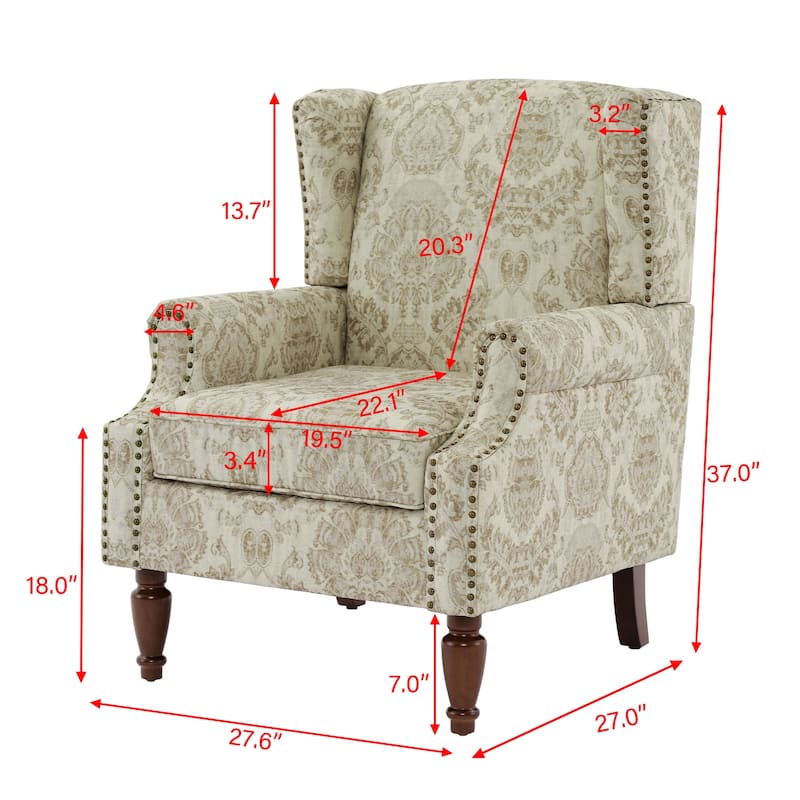 2 Set Transitional Patterned Wingback Accent Chairs with NailHead