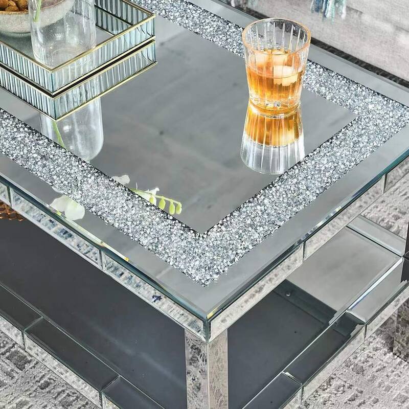 2-layer Crystal Mirror Coffee Table with Stainless Steel Fframe