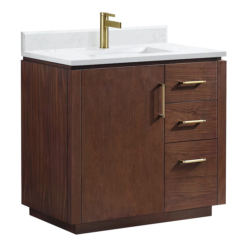 San Single Bath Vanity with Composite Stone Top without Mirror - 36in. - Natural Walnut