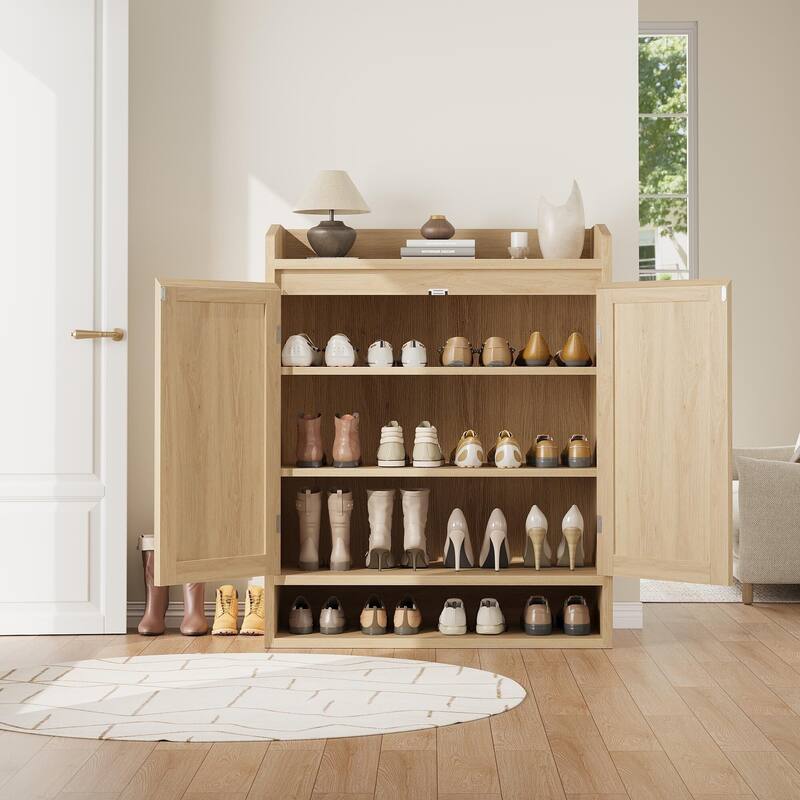 Rattan Shoe Cabinet with 2 Doors, 5-Tier Wooden Shoe Storage Organizer - Natural