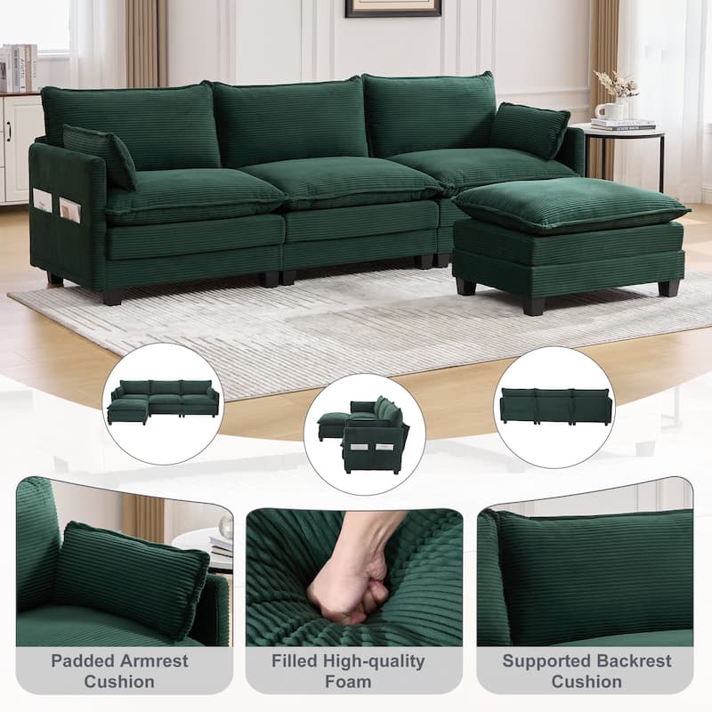 Oversized Modular Sectional Sofa with Ottoman, 102 Inch 4 Seat Corduroy L Shaped Couch for Living Room