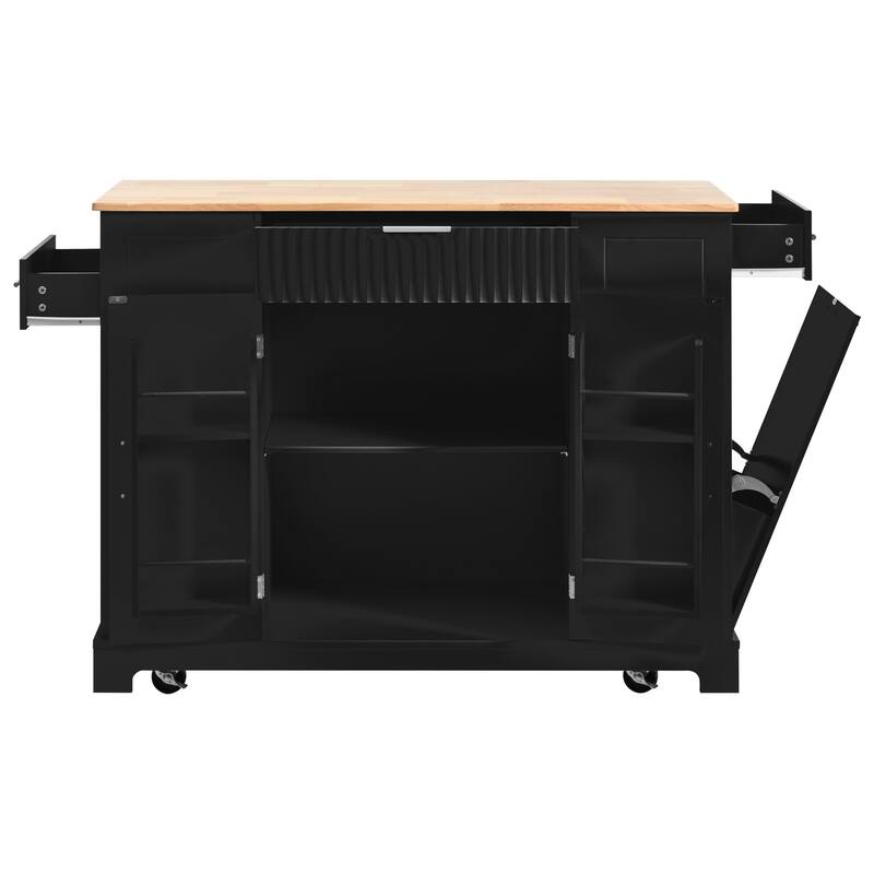 Fluted Rolling Kitchen Island with Trash Can Storage Cabinet,Power Outlet,5 Wheels