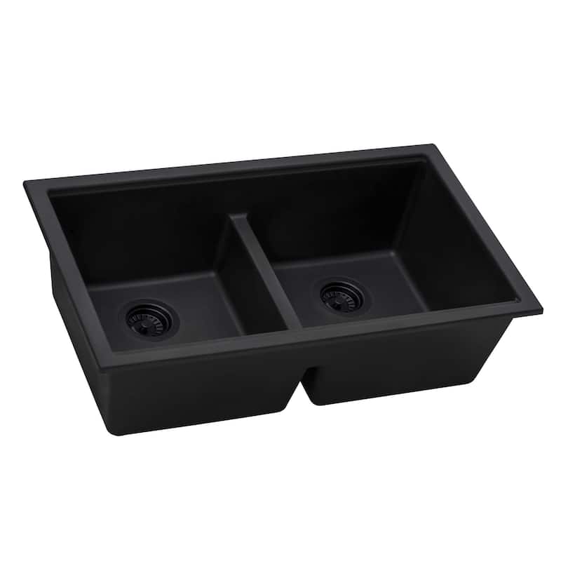 Ruvati 33 x 19 inch Granite Composite Undermount Double Bowl Low Divide Kitchen Sink - Midnight Black - RVG2385BK