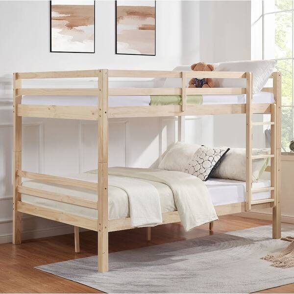 slide 2 of 42, Full over Full Wooden Bunk Bed, High Guardrail,Ladder, No Box Spring Natural