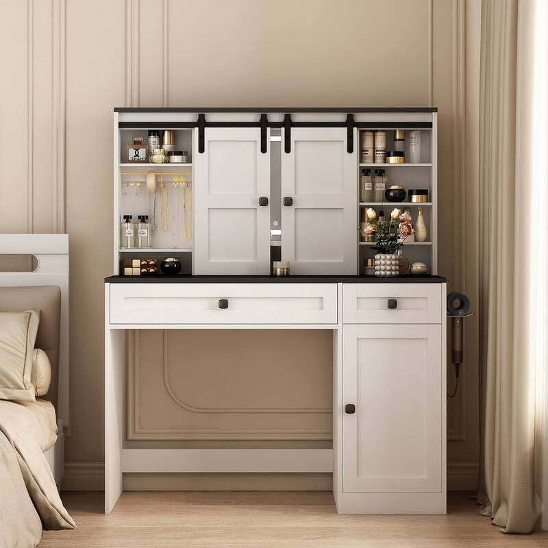 Farmhouse Modern Makeup Vanity: 43" Dressing Table with Lighted Mirror, Storage Drawer & Hair Dryer Holder