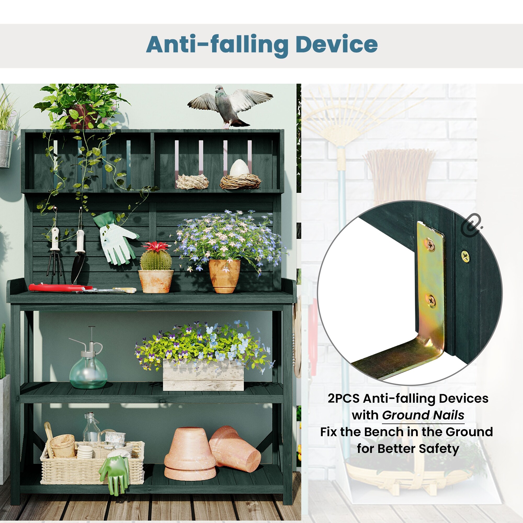 Large Wooden Farmhouse Rustic Outdoor Potting Bench Table, Patio