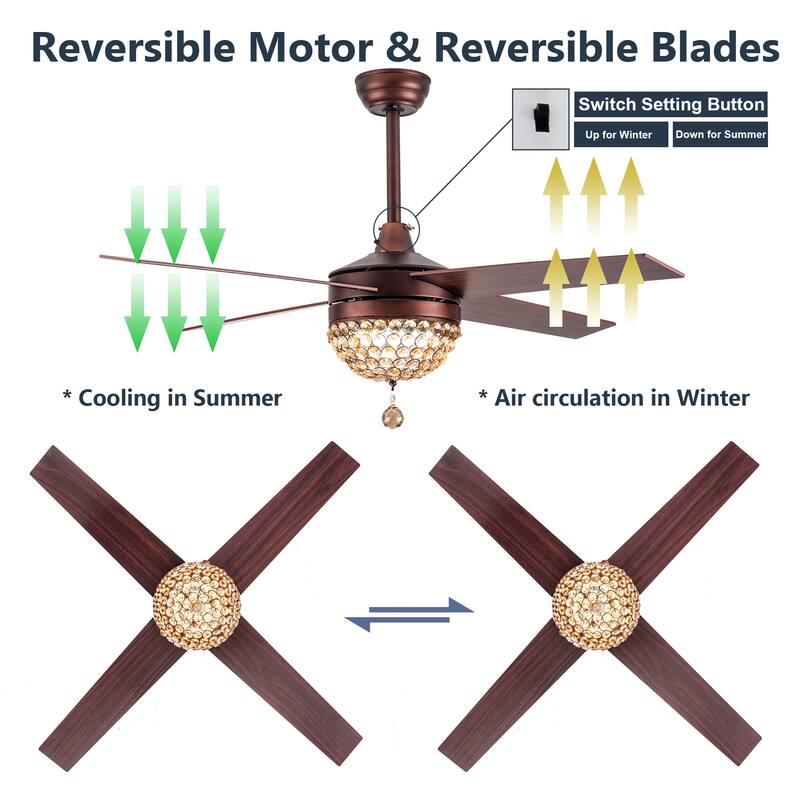 Bella Depot 52" Modern Crystal Ceiling Fan with LED Light, Reversible Ceiling Fan with Remote Control