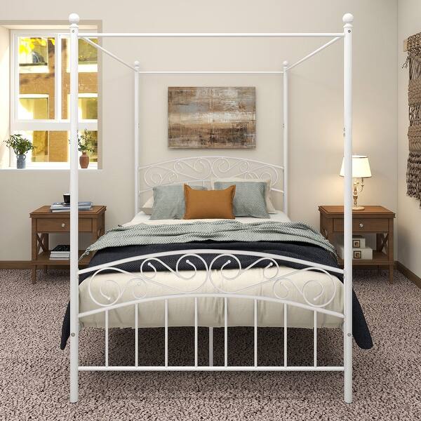 slide 2 of 6, Full Size Metal Canopy Bed Frame with Ornate European Style Headboard & Footboard - Sturdy Steel Platform, Under-Bed Storage