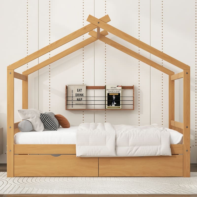 Full Size House Platform Bed with 2 Drawers,Headboard and Footboard, Roof Design, White