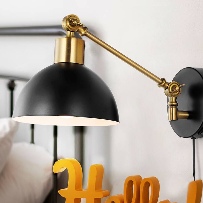 Hygge Swing Arm 1-Light Modern Midcentury Iron USB Charging Port LED Sconce, by JONATHAN Y - Black